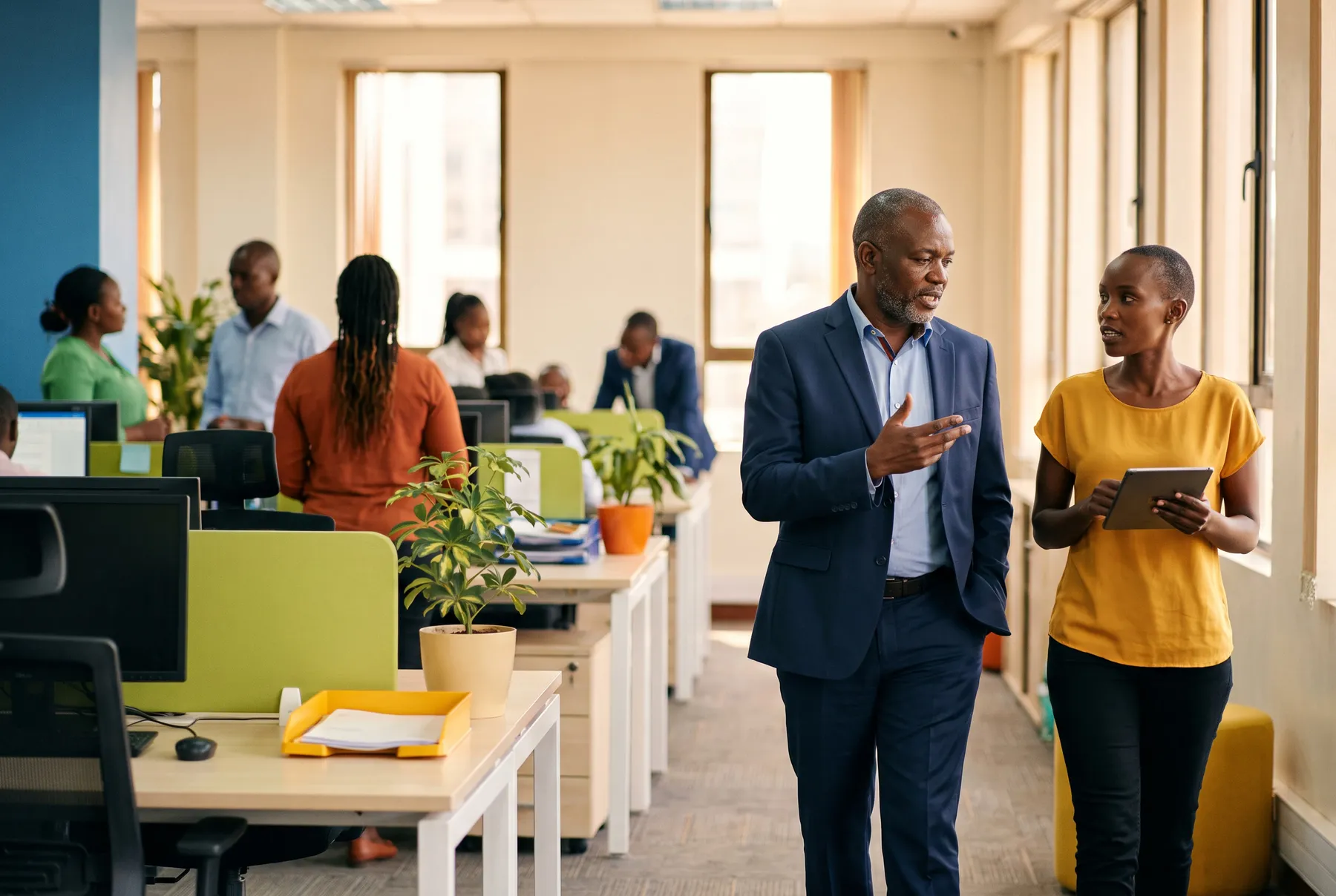 A Kenyan finance director walks through a Nairobi office with a colleague