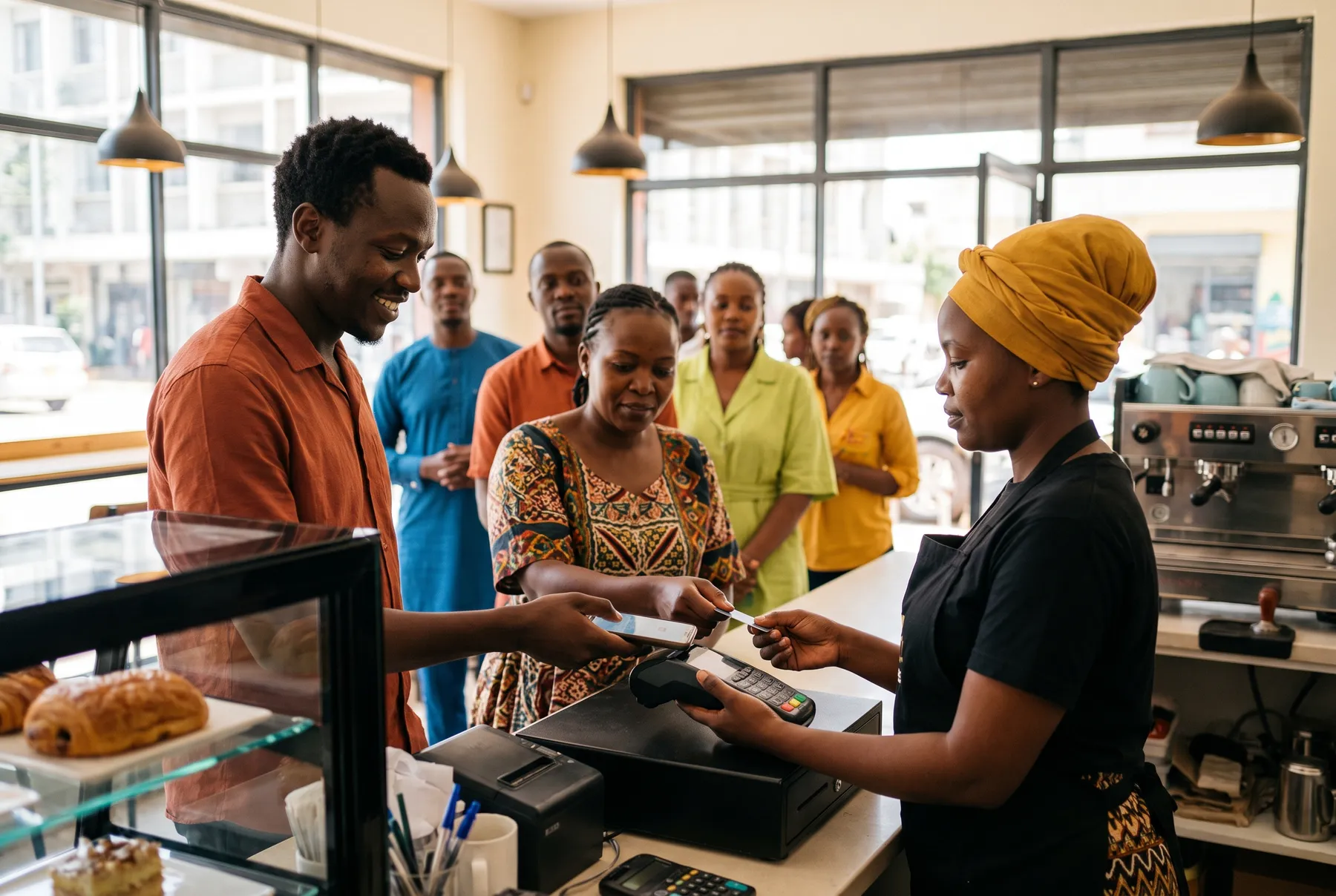 Customers pay by phone and card at a Nairobi cafe counter