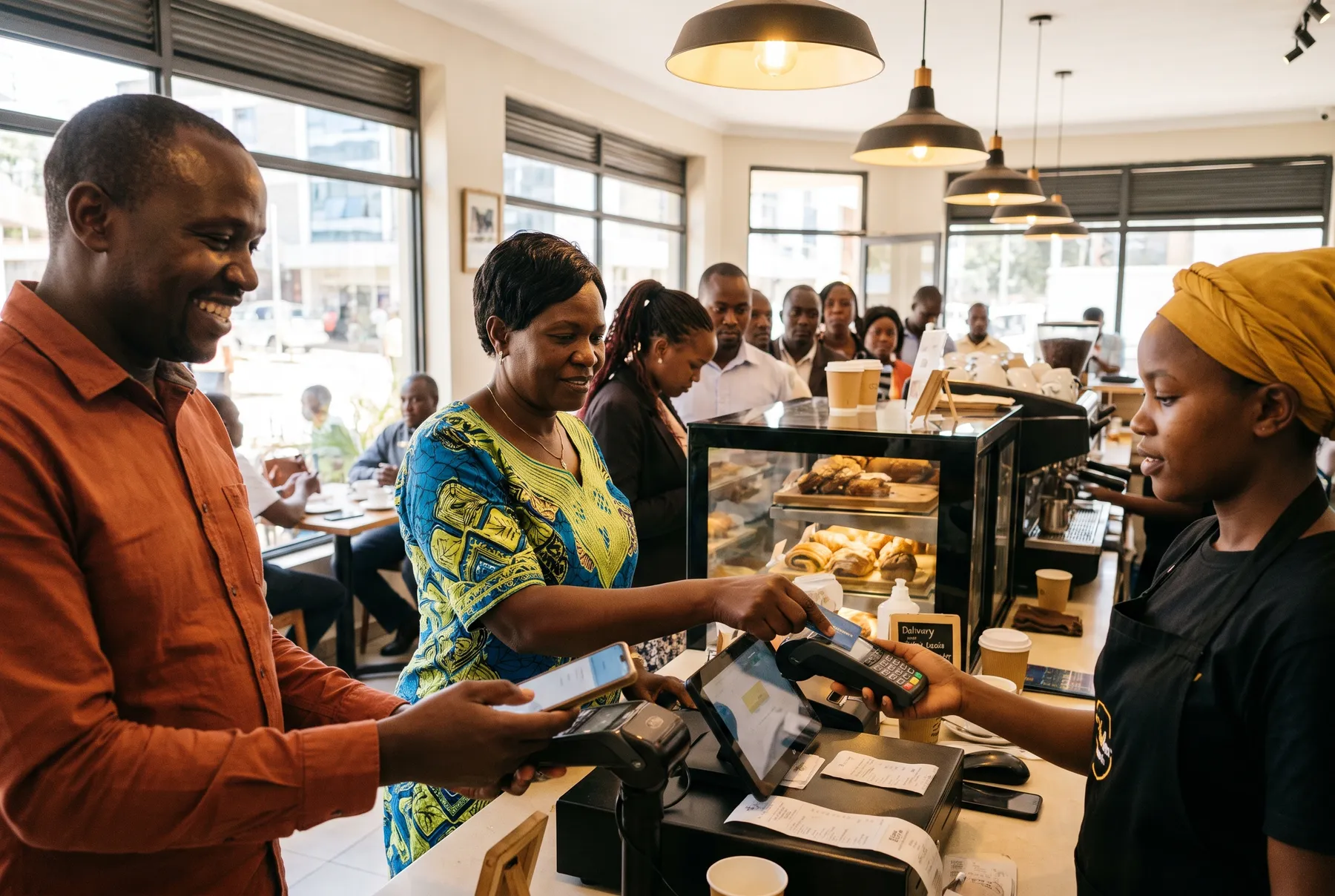 A customer pays by phone at the counter of a busy Nairobi cafe