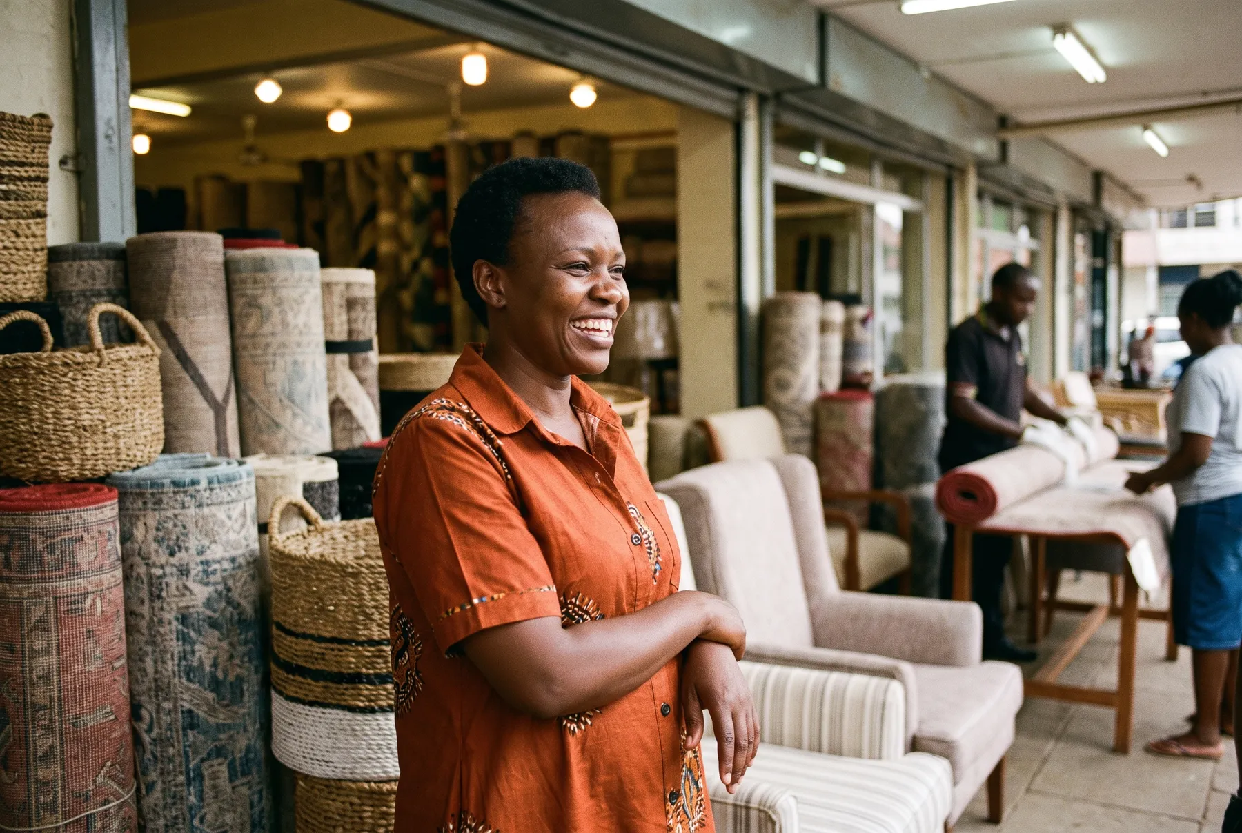 A Kenyan business owner in her busy Nairobi showroom