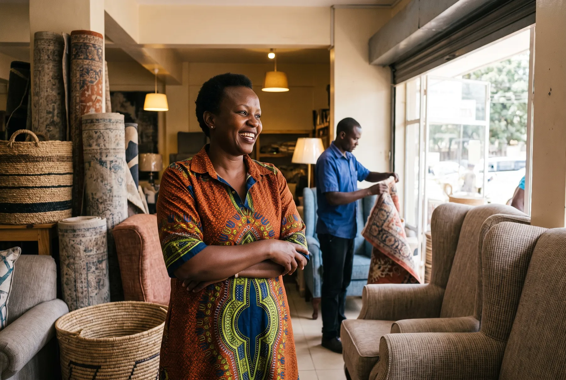 A Kenyan business owner laughs in her Nairobi home-furnishings showroom