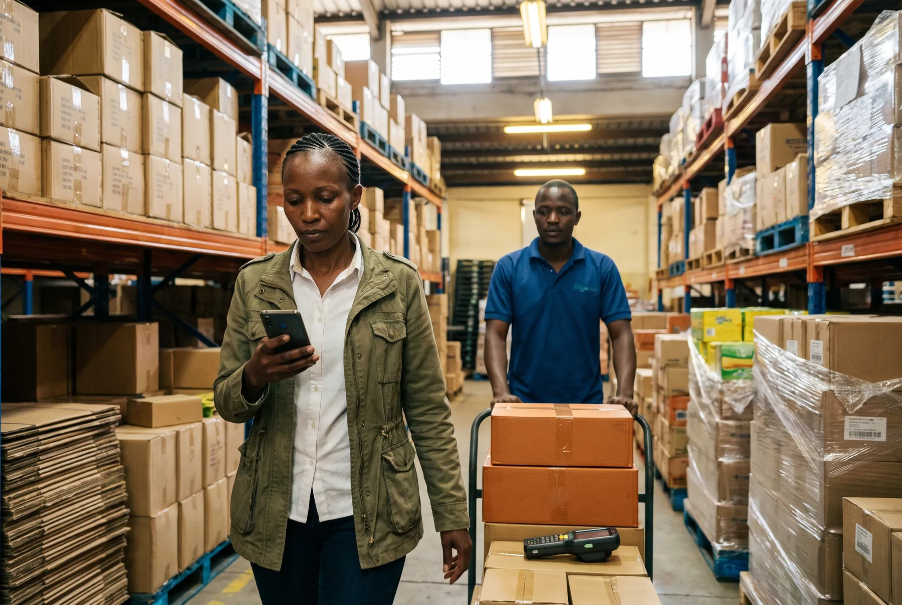An operations manager checks her phone as she walks through a Nairobi warehouse